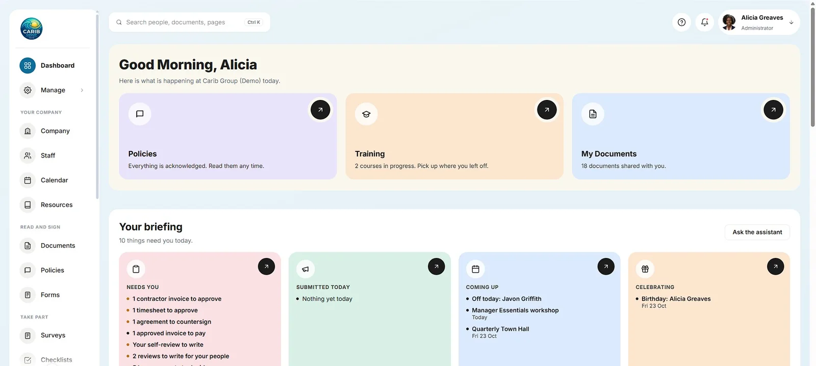 The Islework dashboard: a morning greeting, policies, training and documents, and the day's briefing