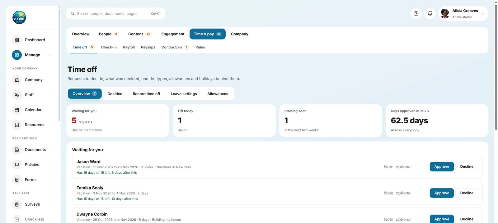 Time off: requests waiting with balances, who is off today, and approve or decline in one click
